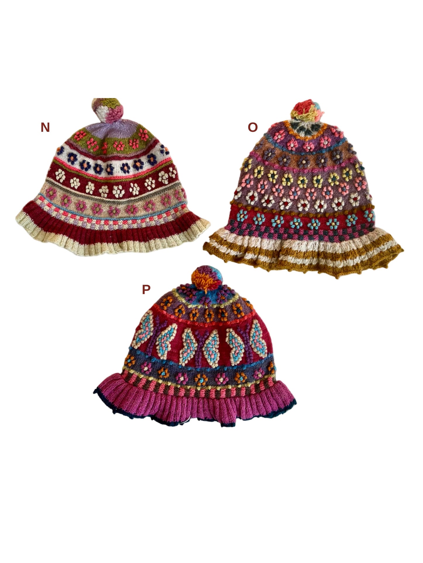 Handgestrickte Mütze aus Schafwolle – Blumenstickerei aus Peru