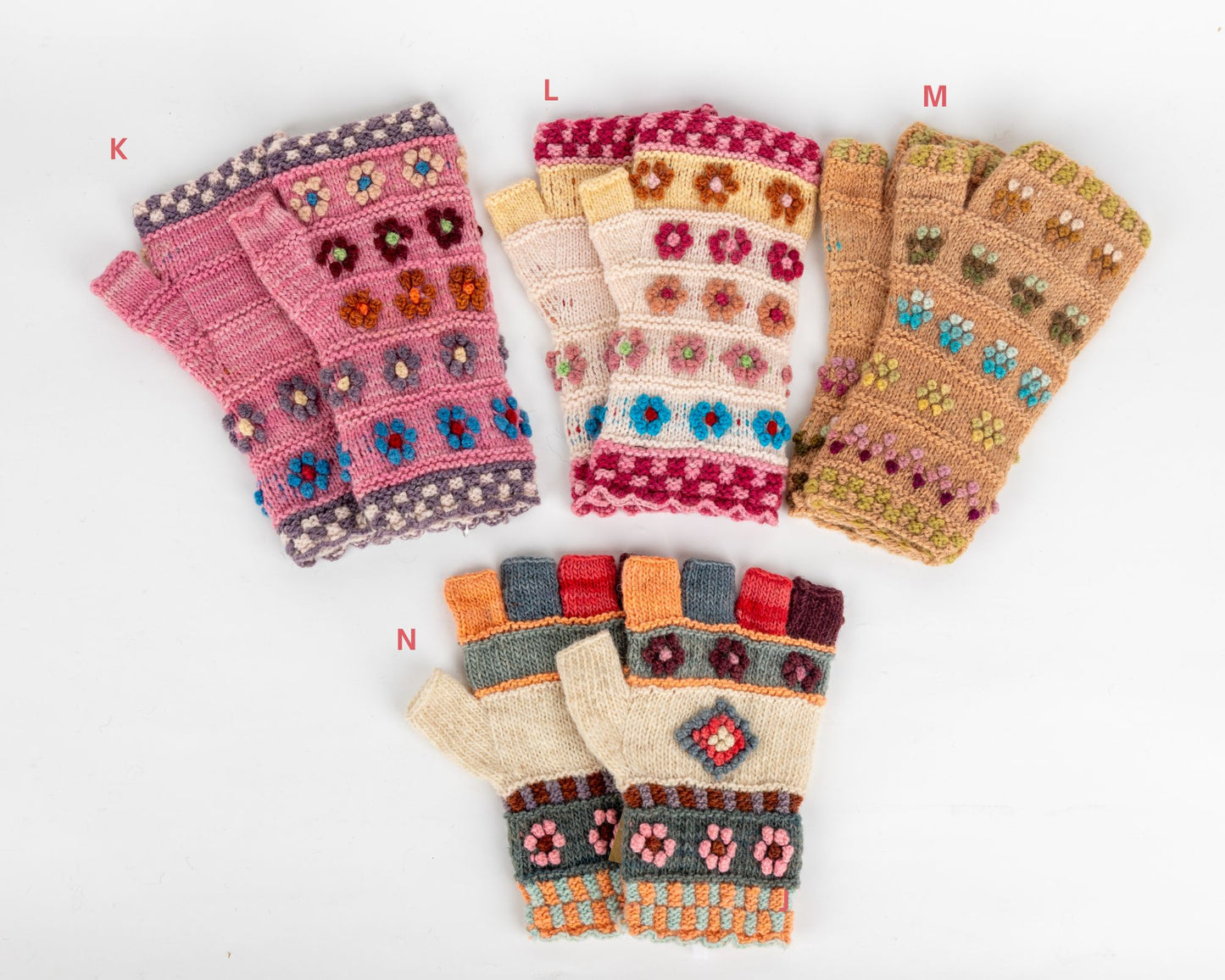 Handgestrickte Pulswärmer - Handschuhe aus Schafwolle – Blumenstickerei aus Peru