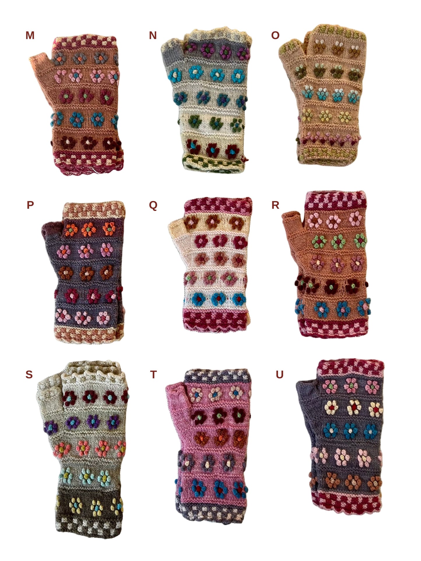 Handgestrickte Pulswärmer - Handschuhe aus Schafwolle – Blumenstickerei aus Peru