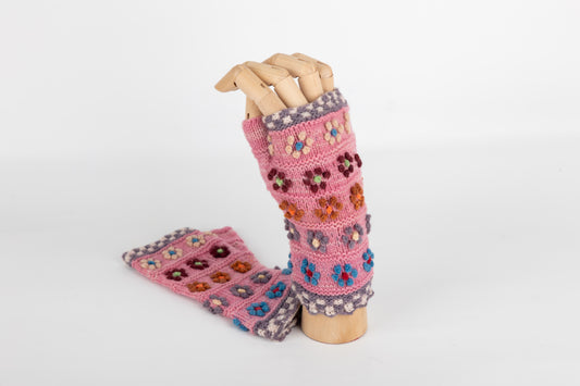 Handgestrickte Pulswärmer - Handschuhe aus Schafwolle – Blumenstickerei aus Peru